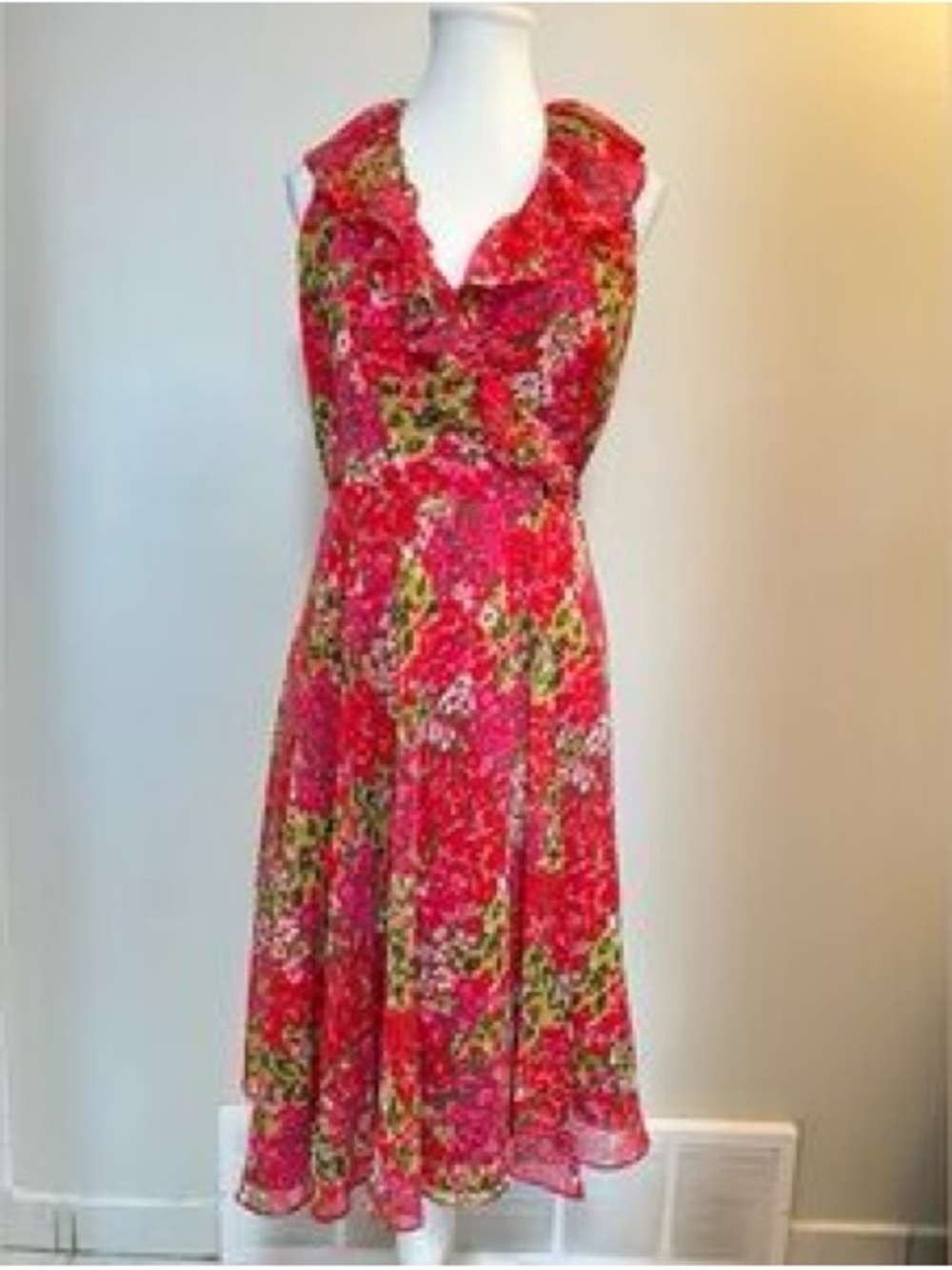 Ralph Lauren Red Floral Ruffled V-Neck Midi Dress